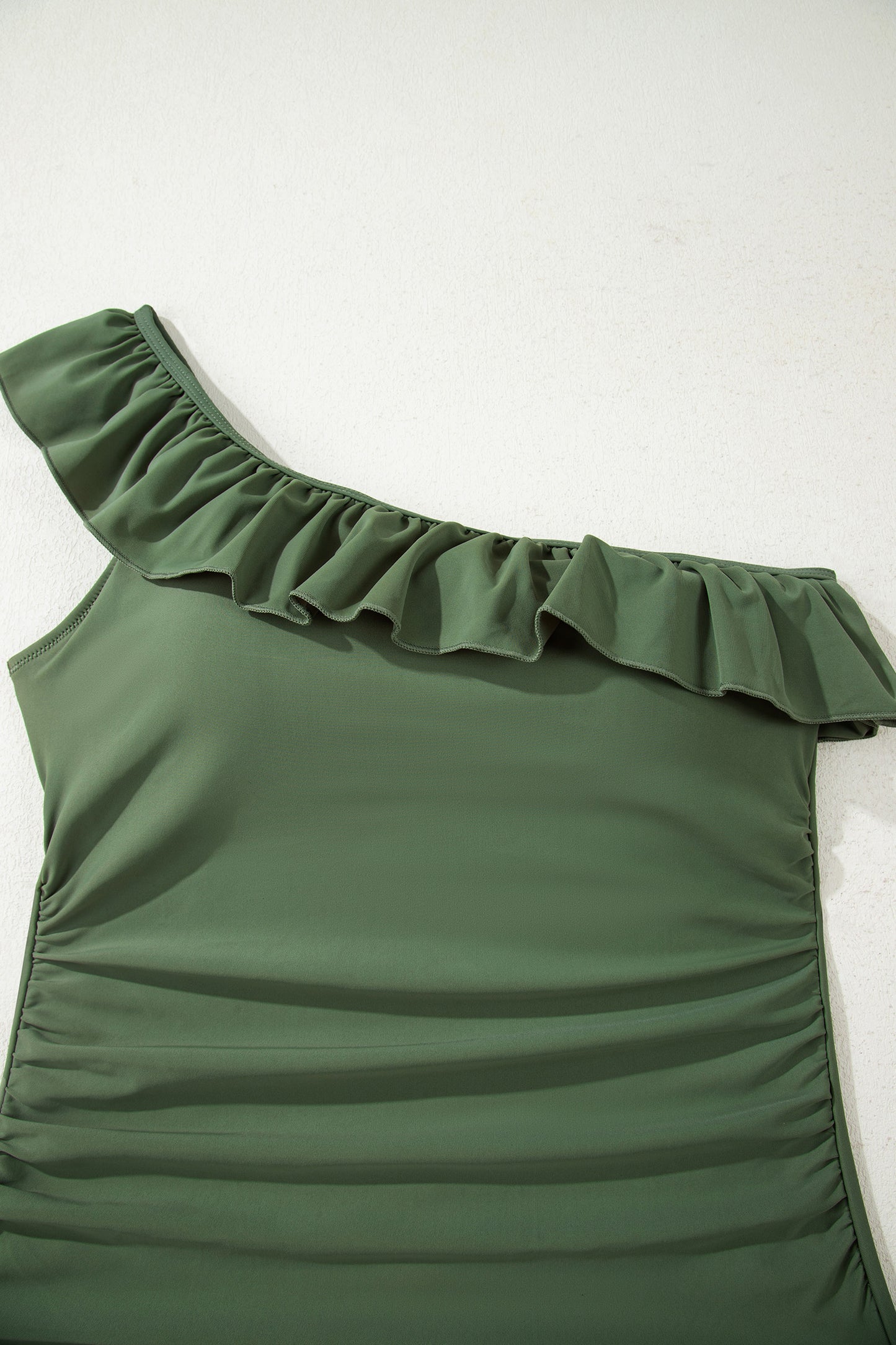 Mist Green Solid Color Ruffle Trim Asymmetric Neck One Piece Swimsuit