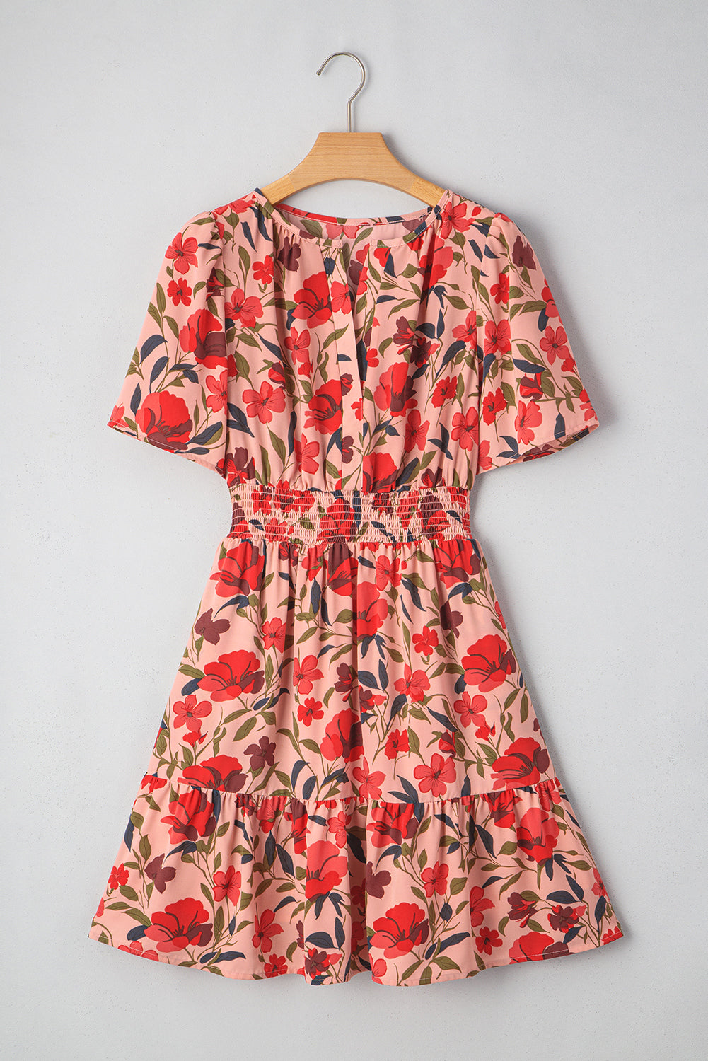 Boho Floral V Neck Smocked Waist Mini Dress