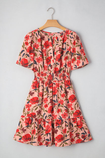 Boho Floral V Neck Smocked Waist Mini Dress