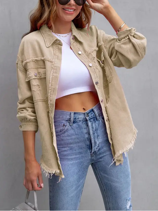 Washed Distressed Denim Shacket Oversized Raw Hem Jacket