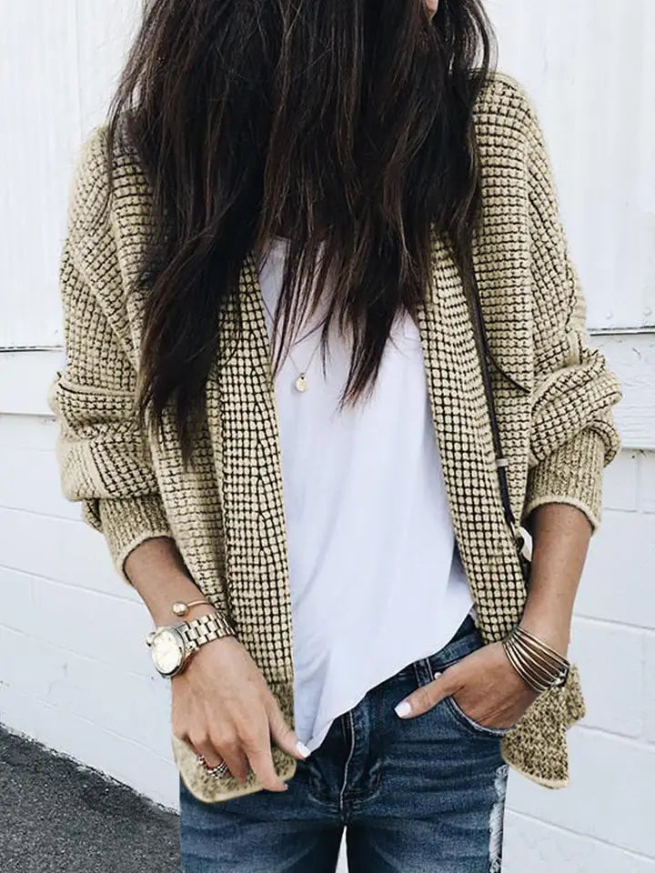 Contrast Trim Plaid Open-Front Knit Cardigan