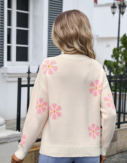 Floral Knit Pullover Sweater - Spring Pastel Daisy Top