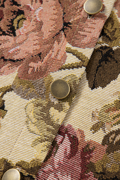Khaki Floral Waffle Knit Patchwork Chest Pockets Buttoned Jacket