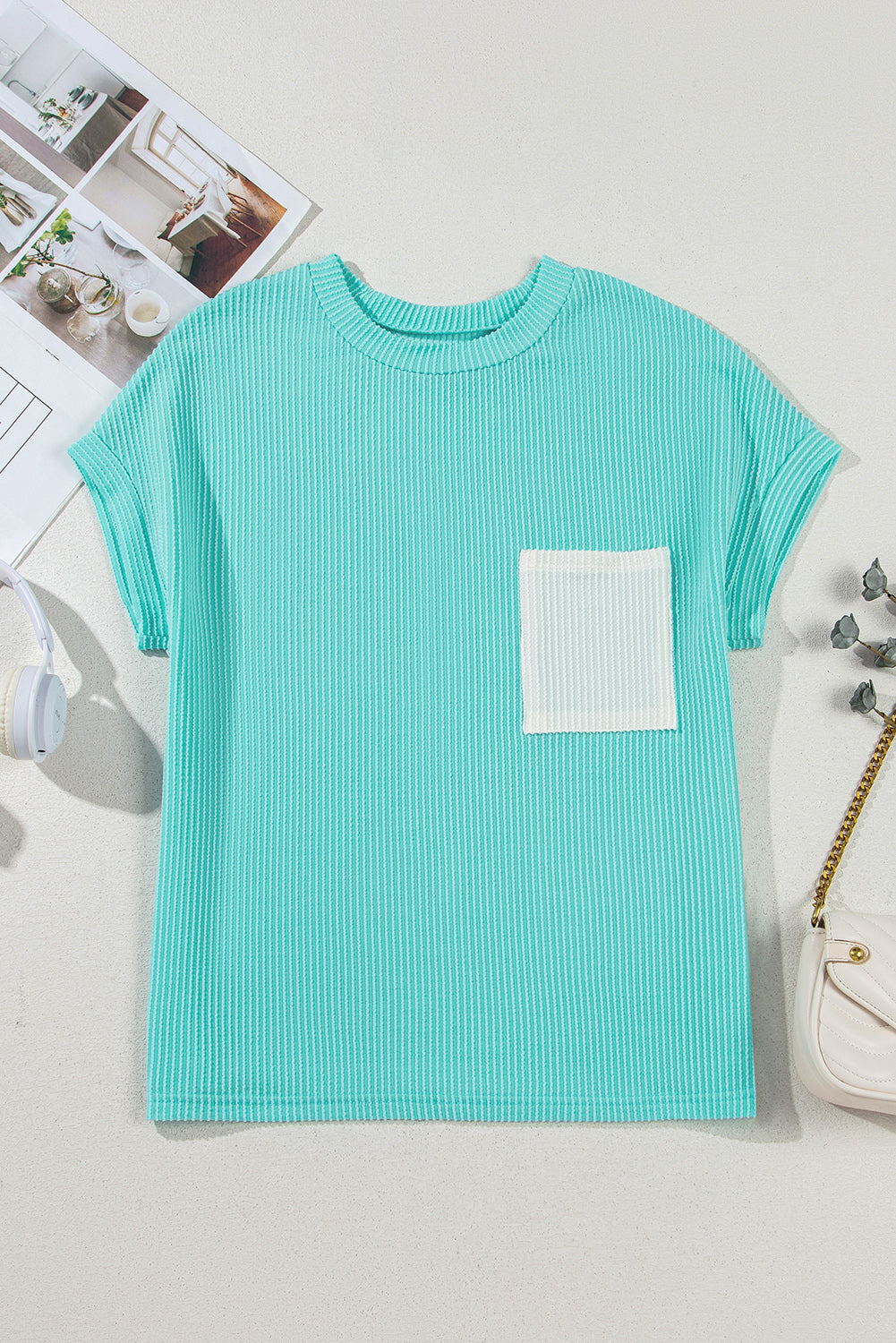 Pink Striped Textured Knit Pocket Casual Tee