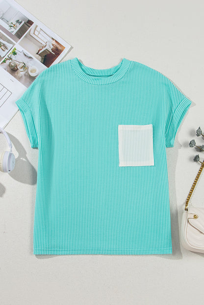 Pink Striped Textured Knit Pocket Casual Tee