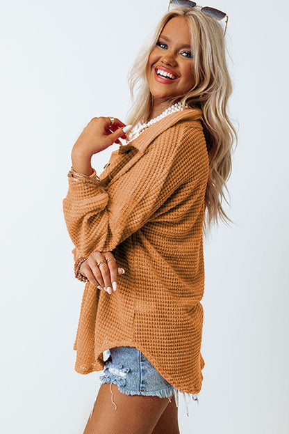 Waffle Knit Button-Up Oversized Casual Shirt