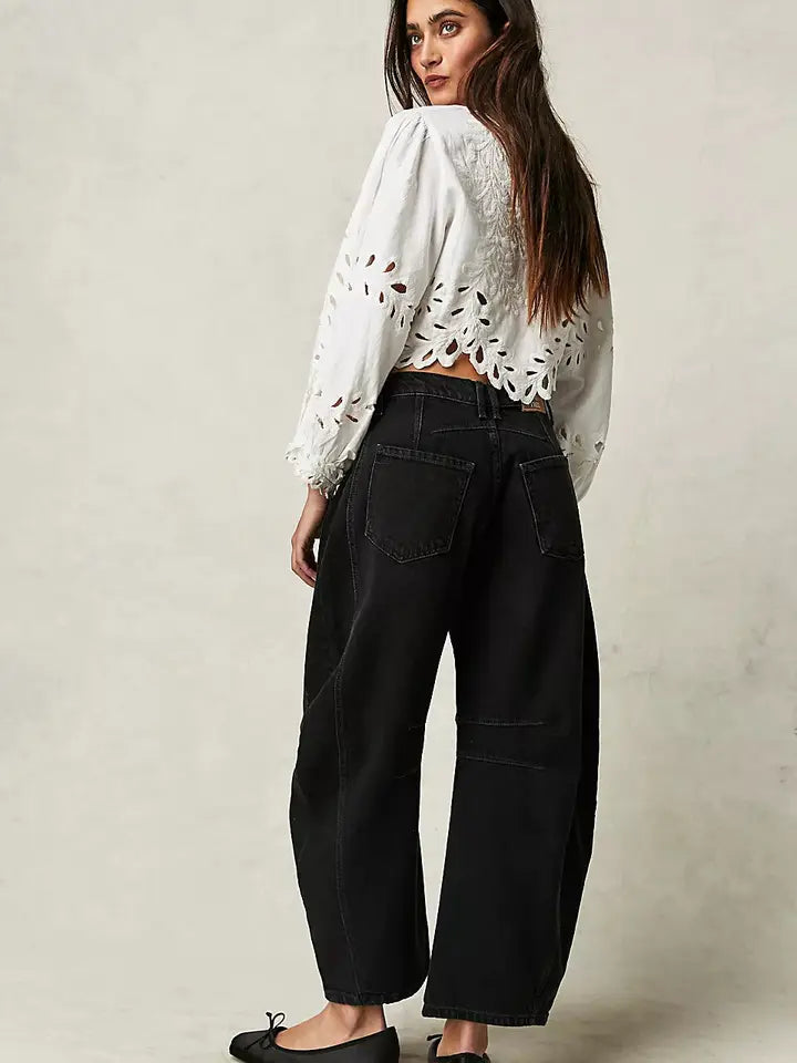 Leopard Print Washed Denim Barrel Leg Jeans High Rise