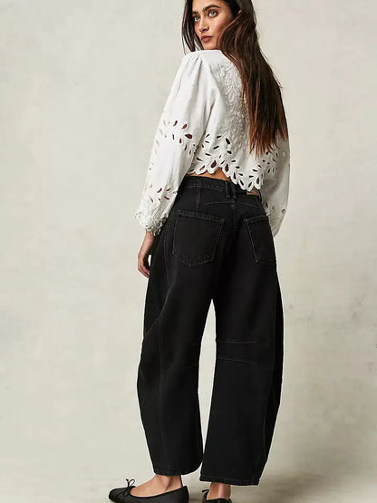 Leopard Print Washed Denim Barrel Leg Jeans High Rise