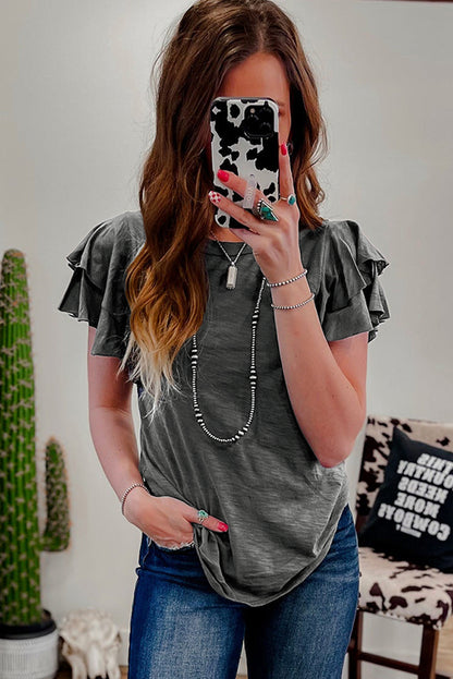 Dark Grey Ruffle Sleeve Casual Tee Boutique Summer Top
