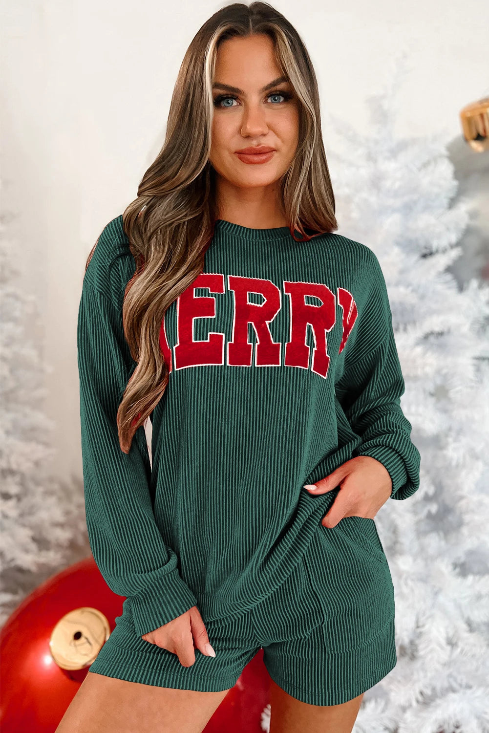Evergreen Corded MERRY Graphic Long Sleeve Lounge Set