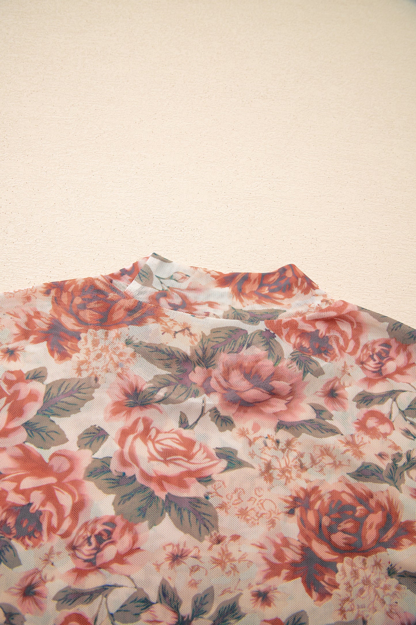 Vintage Floral Mesh Long Sleeve Mock Neck Slim Fit Top