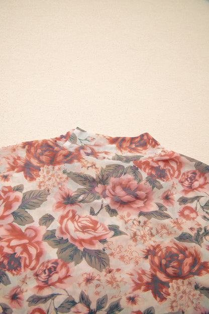 Vintage Floral Mesh Long Sleeve Mock Neck Slim Fit Top