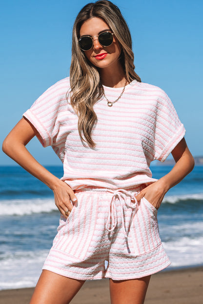 Pink Stripe Textured Knit Lounge Set Drawstring Shorts