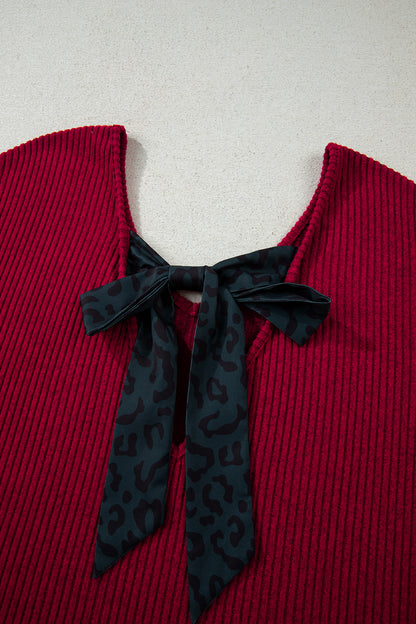 Bow Back Ribbed Knit V Neck Long Sleeve Top