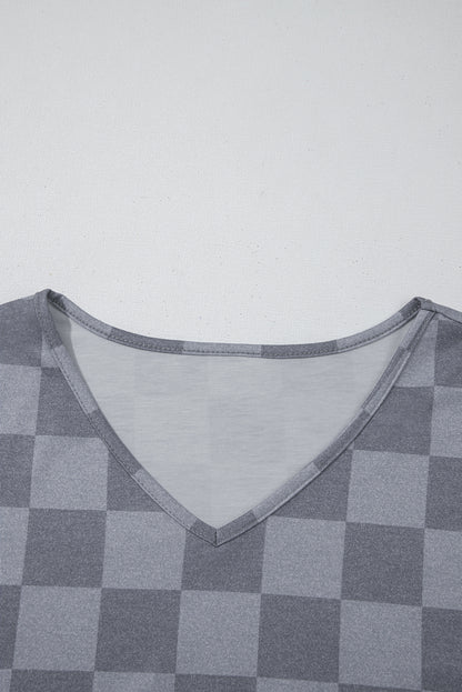 Beige Checkered Lounge Set V Neck Tee Shorts