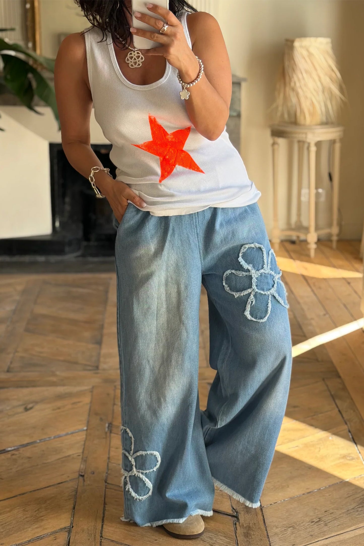 Floral Patch Denim Jeans Wide Leg Raw Hem Pants