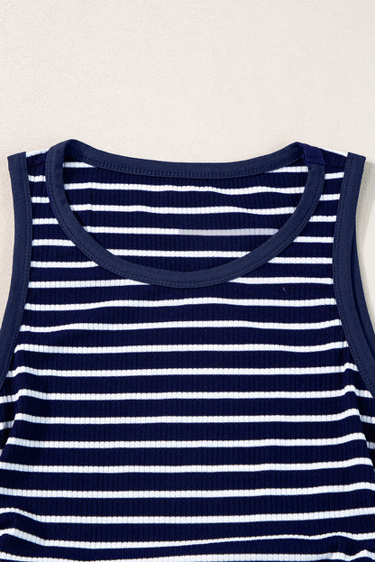 Pink Stripe Contrast Round Neck Sleeveless Slim Top