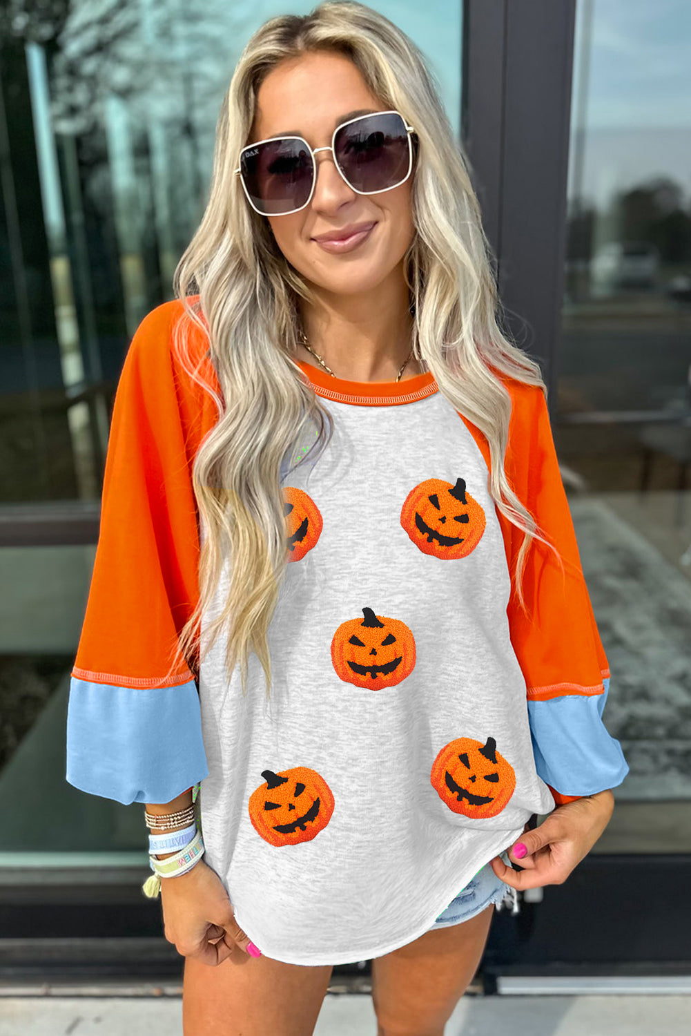 Chenille Pumpkin Halloween Color Block Long Sleeve Top