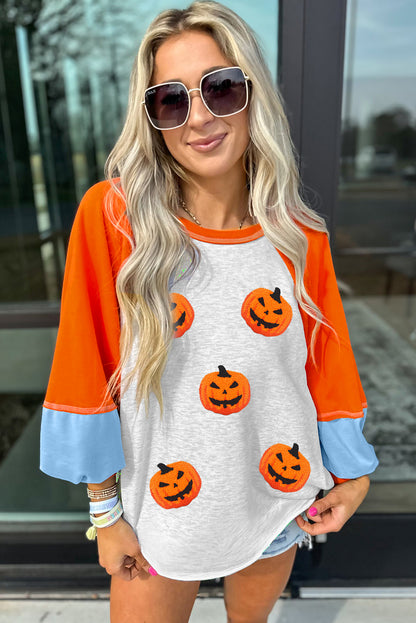 Chenille Pumpkin Halloween Color Block Long Sleeve Top