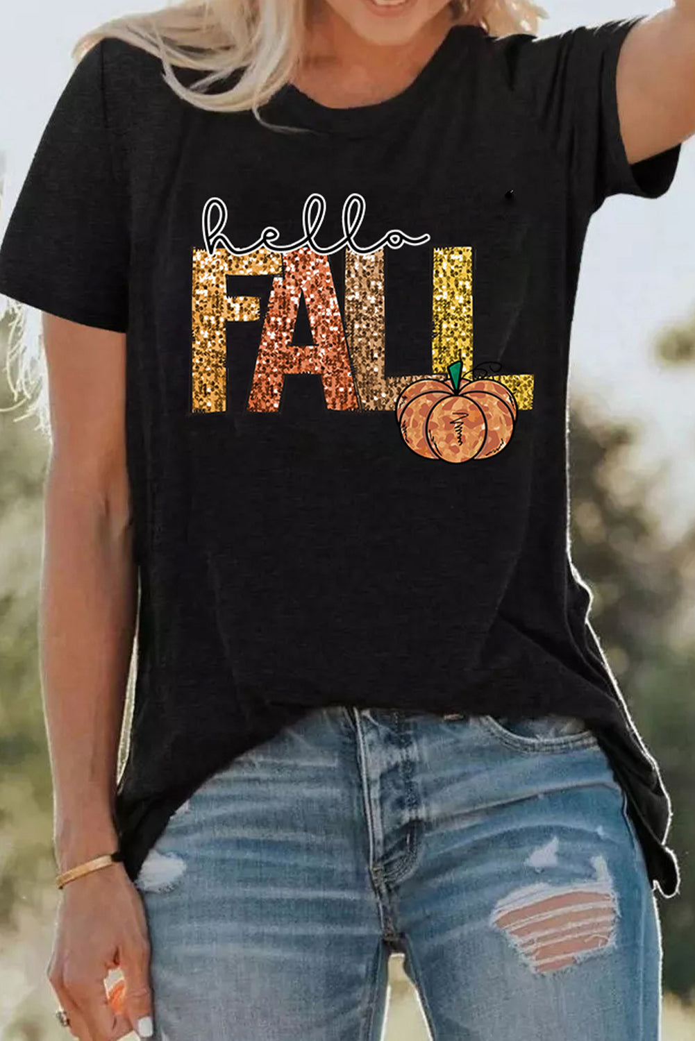 Black Hello Fall Pumpkin Graphic Thanksgiving T Shirt