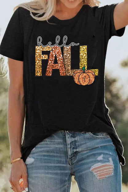 Black Hello Fall Pumpkin Graphic Thanksgiving T Shirt