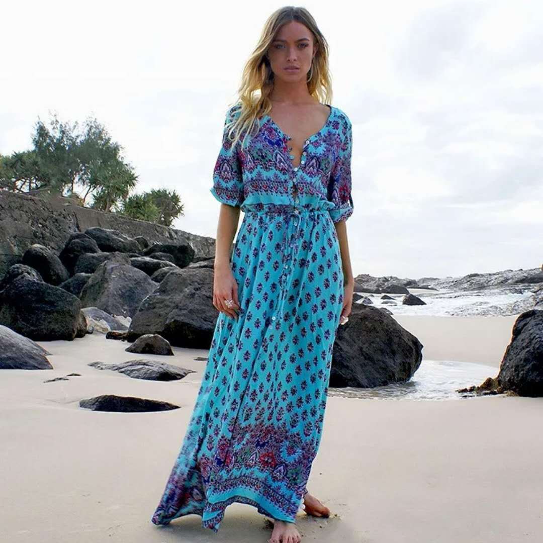 Boho Floral Maxi Dress V-Neck Tie Waist Beach Dress