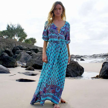 Boho Floral Maxi Dress V-Neck Tie Waist Beach Dress