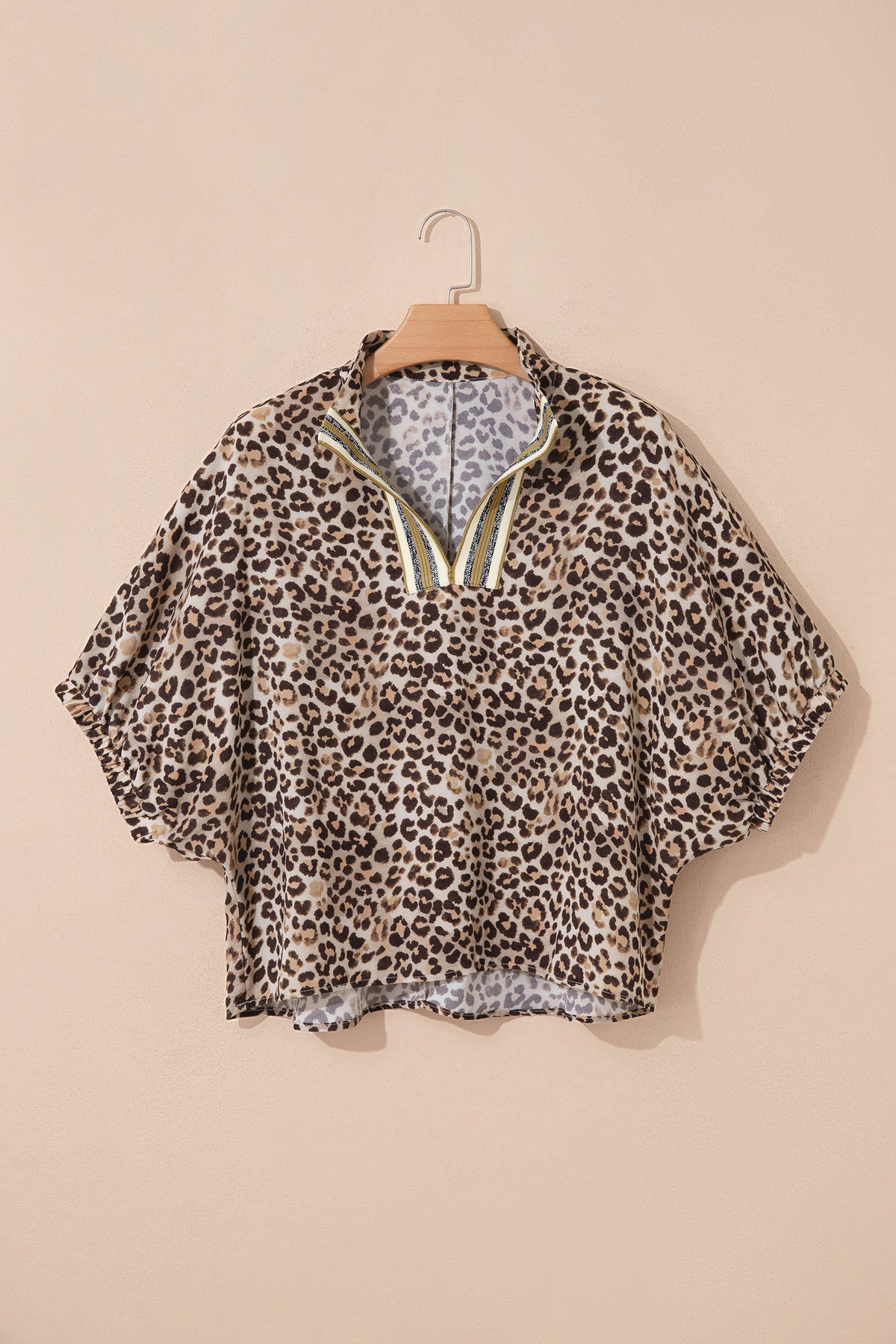 Leopard Print V Neck Contrast Trim Puff Sleeve Blouse