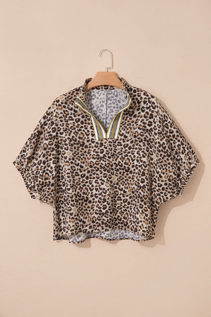 Leopard Print V Neck Contrast Trim Puff Sleeve Blouse