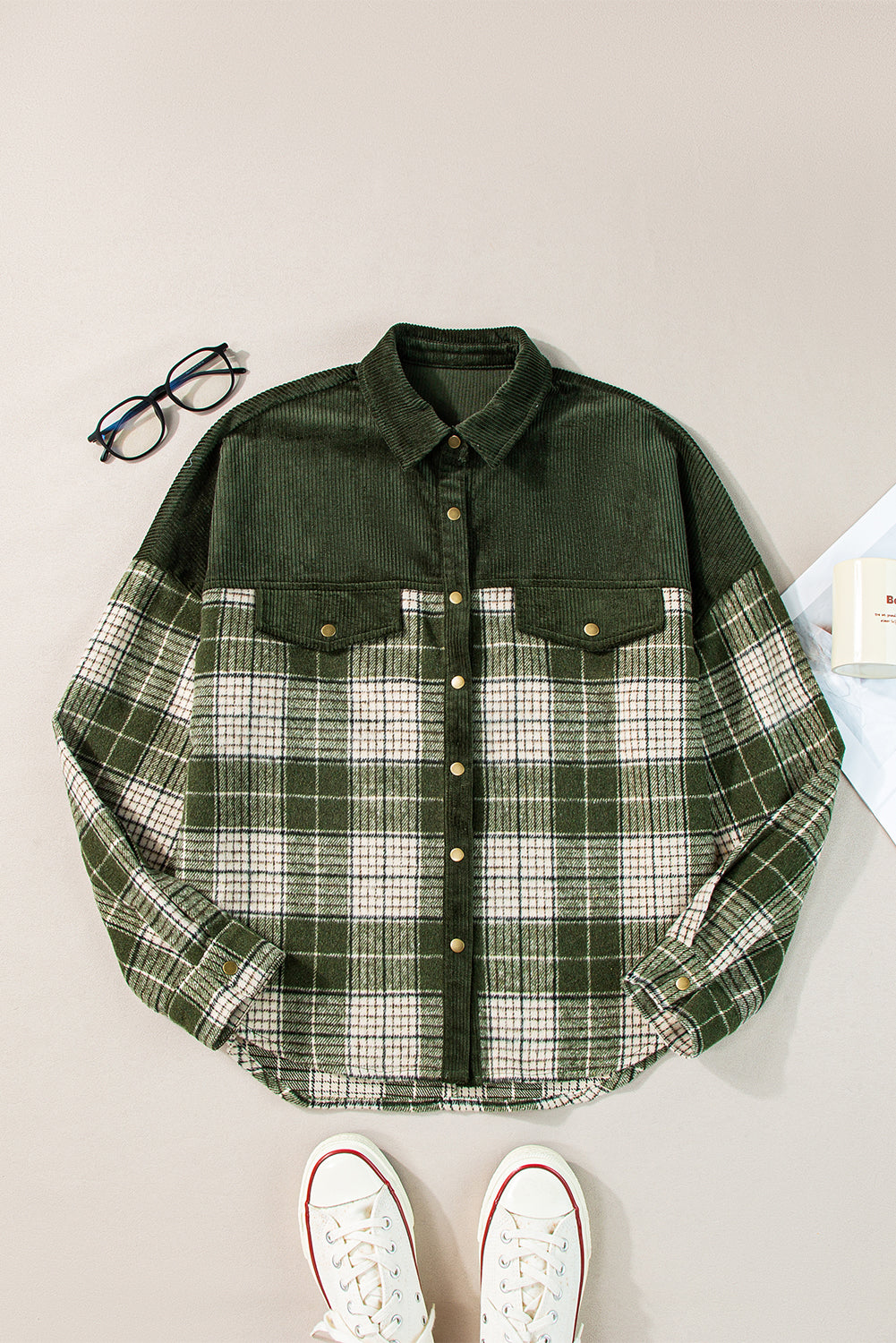 Blackish Green Snap Button Plaid Shacket with Corduroy Patchwork