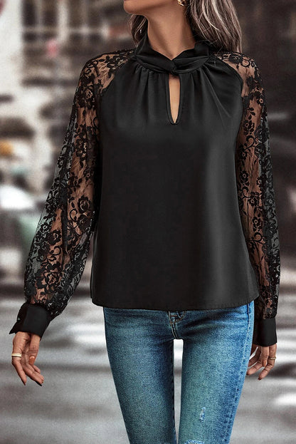 Black Lace Sleeve Keyhole Blouse Elegant Long Sleeve Top
