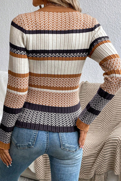 Women's Slim Fit Knit Sweater with Stripes and Ribbed Trim