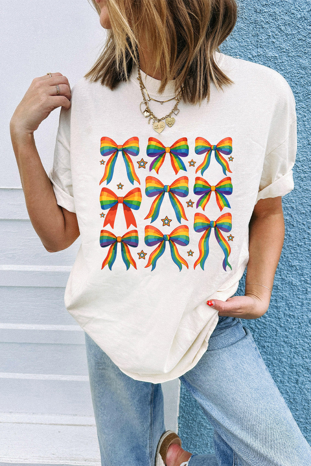 Rainbow Bow Graphic Pride Cotton Blend Casual Tee
