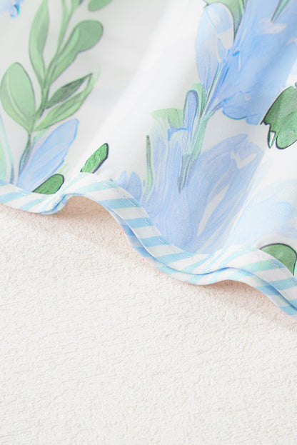 Sky Blue Floral Ruffle Sleeve Tie Neck Mini Dress