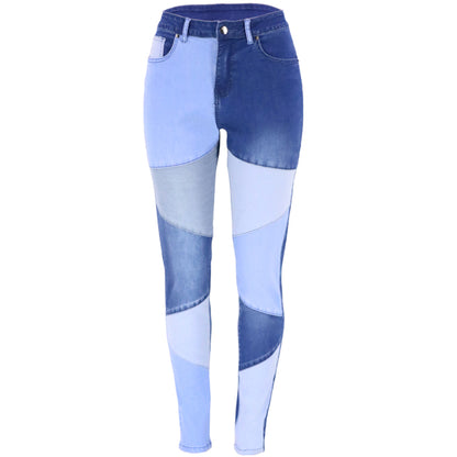 Plus Size Women Mid Waist Stretchy Patchwork Denim Pants Jeans