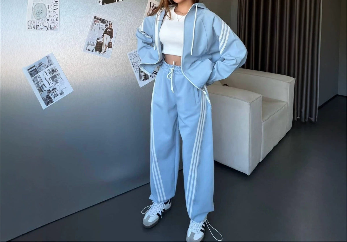 Women's Color Block Zip Hoodie & Wide Leg Pants Set