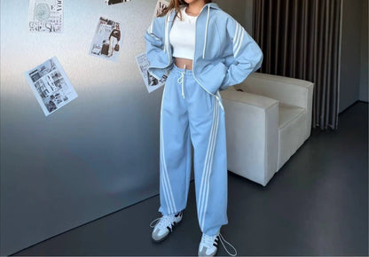 Women's Color Block Zip Hoodie & Wide Leg Pants Set