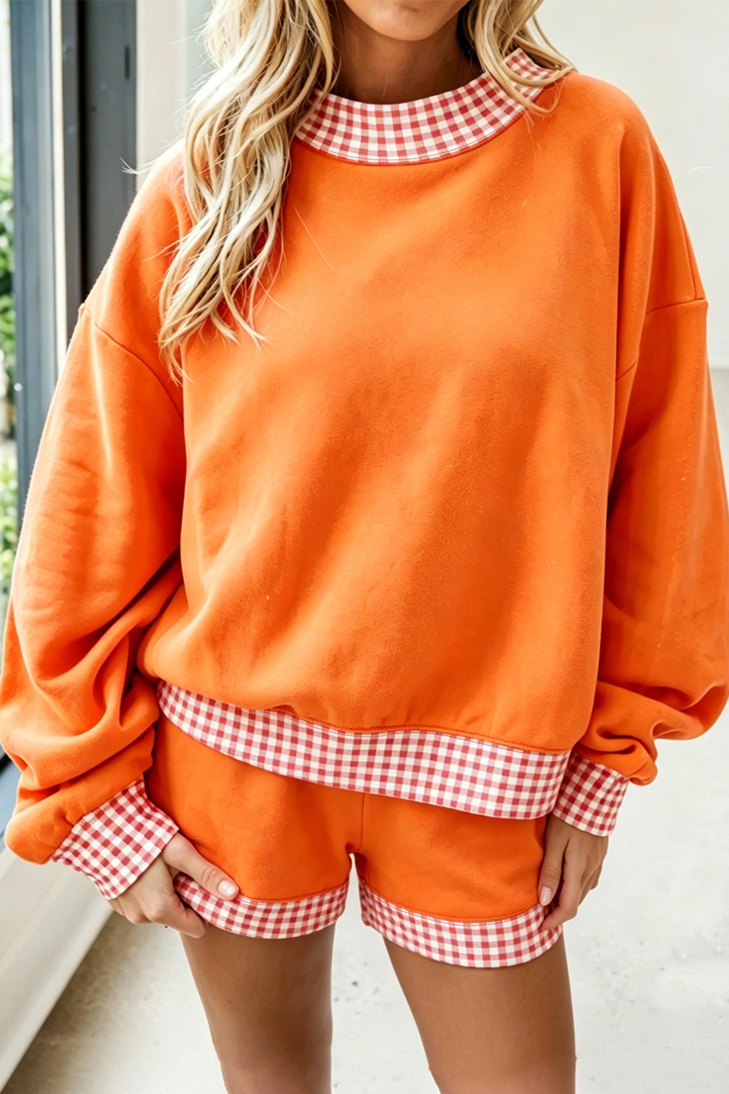 Red Gingham Trim Sweatshirt Shorts Two Piece Set