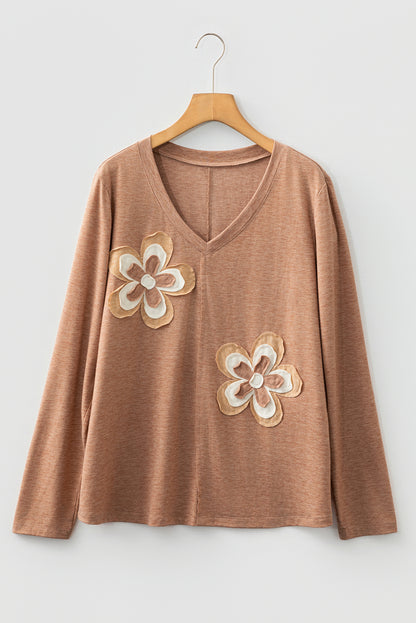 Floral Patchwork V Neck Long Sleeve Casual T Shirt