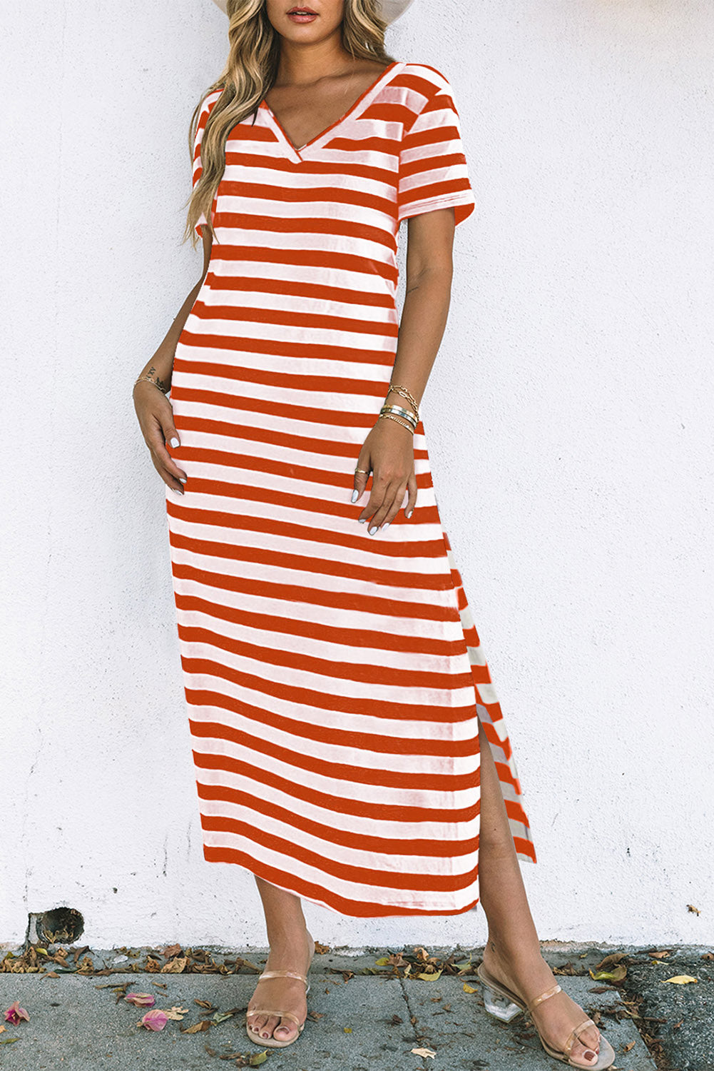Black Stripe V Neck T Shirt Maxi Dress with Side Slit