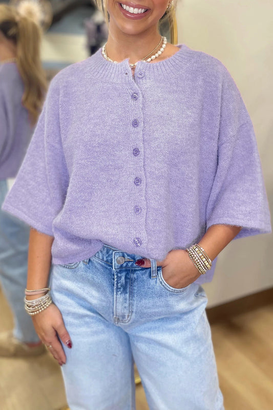 Lavender Boxy 3/4 Sleeve Button Down Knit Cardigan