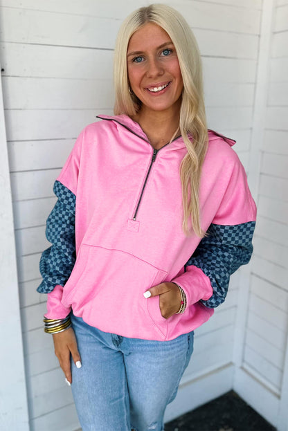 Bonbon Checkered Patchwork Half Zip Hoodie with Pocket