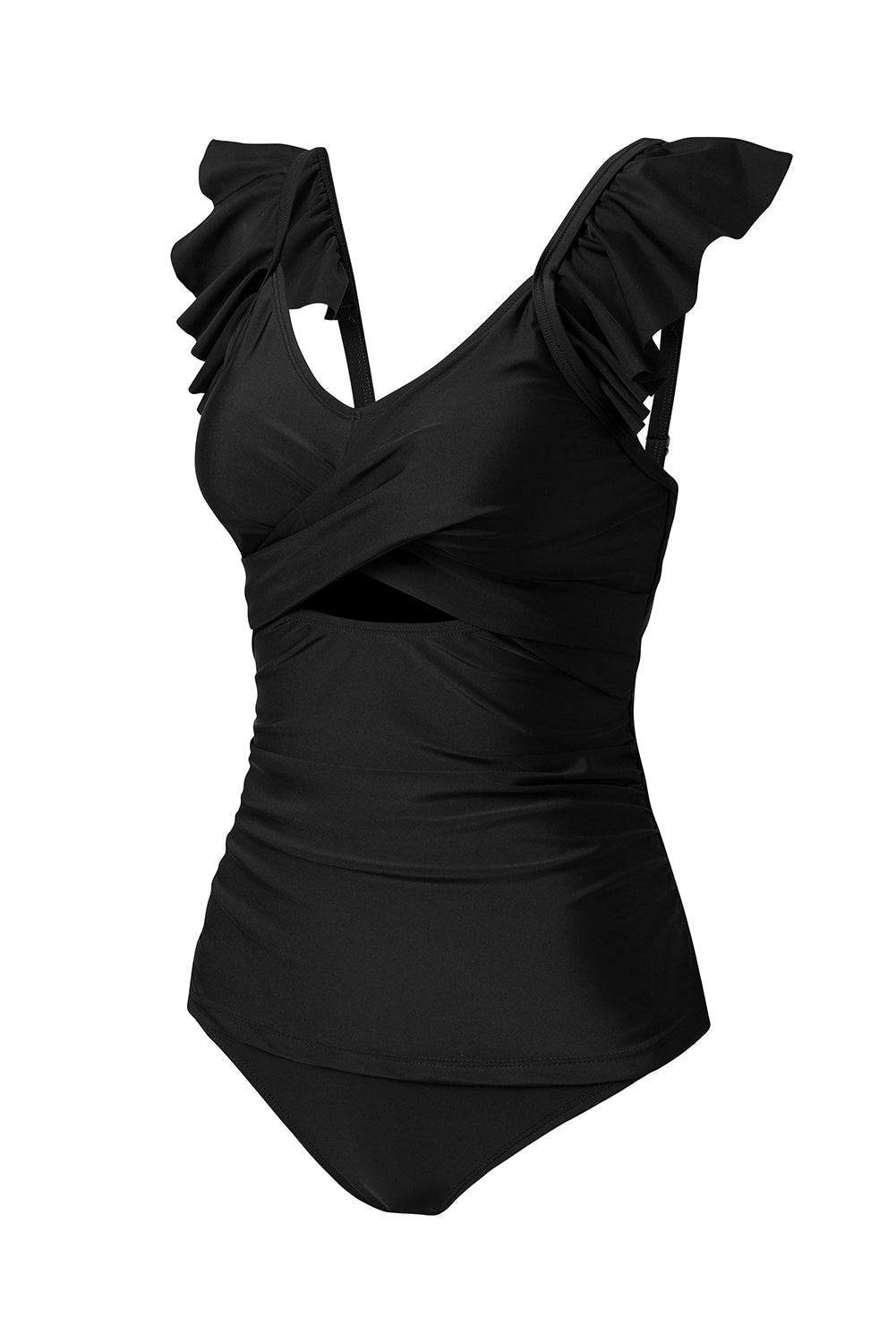 Black Ruffle Cross Front Cutout Slim Fit Tankini Set