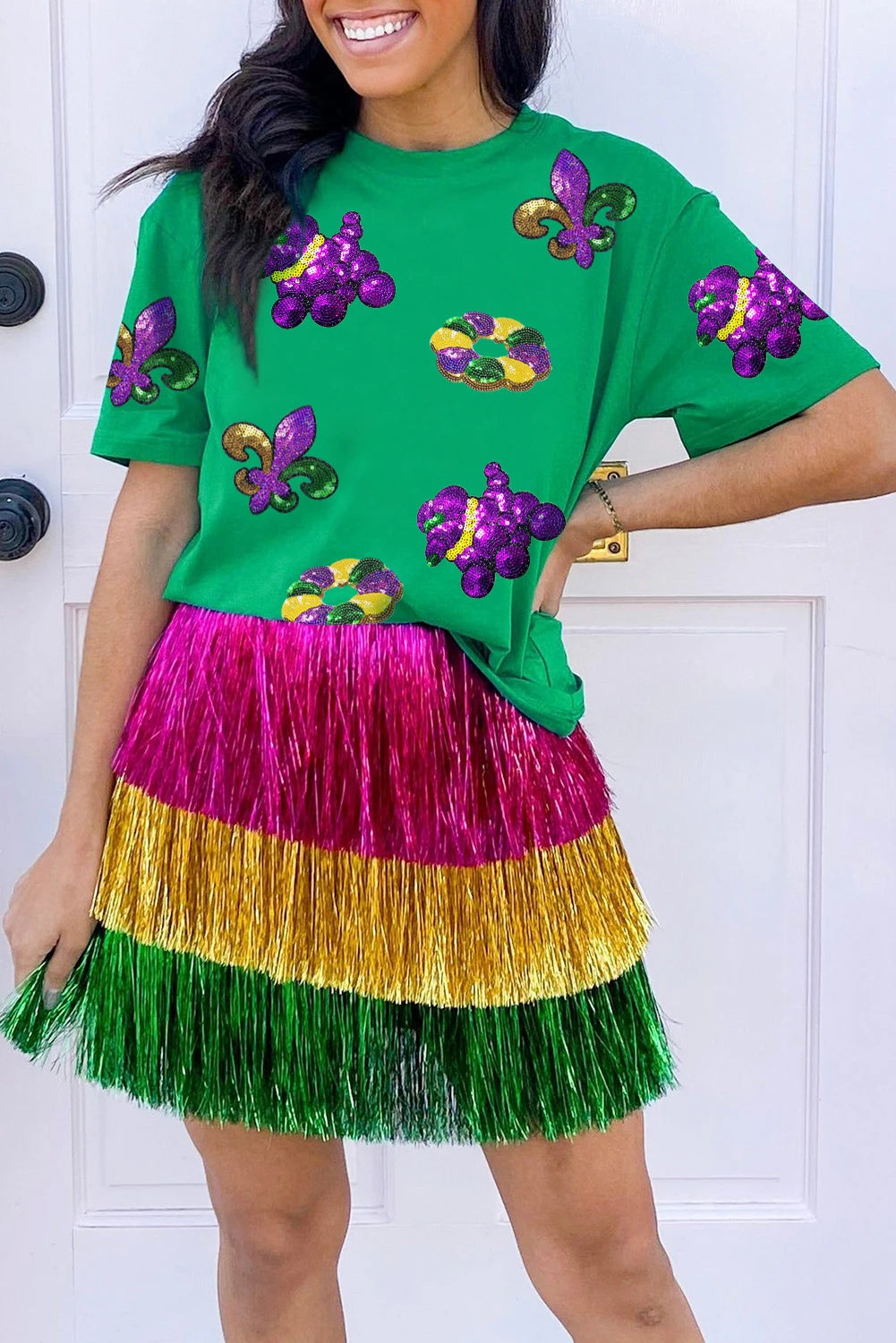 Green Mardi Gras Sequin Patch Graphic Short Sleeve Tee