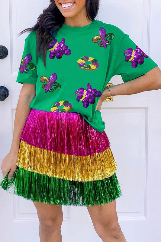 Green Mardi Gras Sequin Patch Graphic Short Sleeve Tee