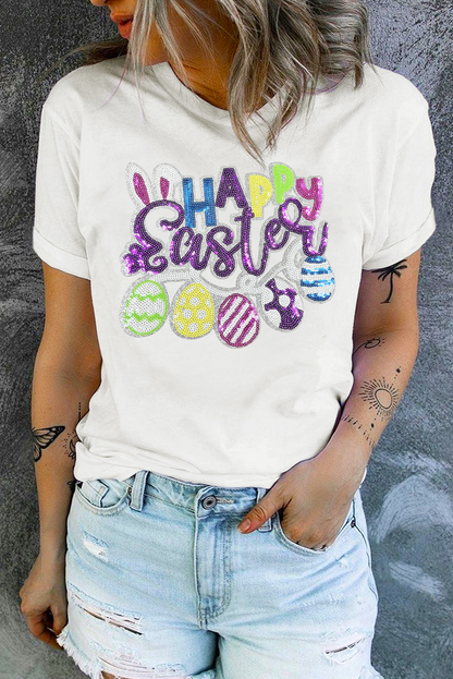 Happy Easter Sequin Patch Graphic Crewneck Tee