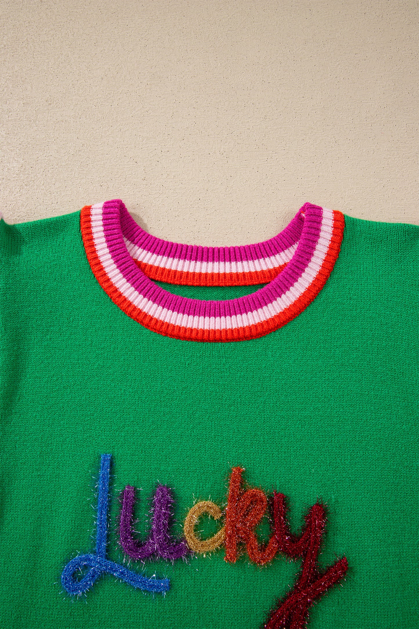 Green St Patrick Lucky Embroidered Striped Sleeve Knit Tee