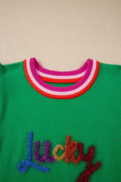Green St Patrick Lucky Embroidered Striped Sleeve Knit Tee