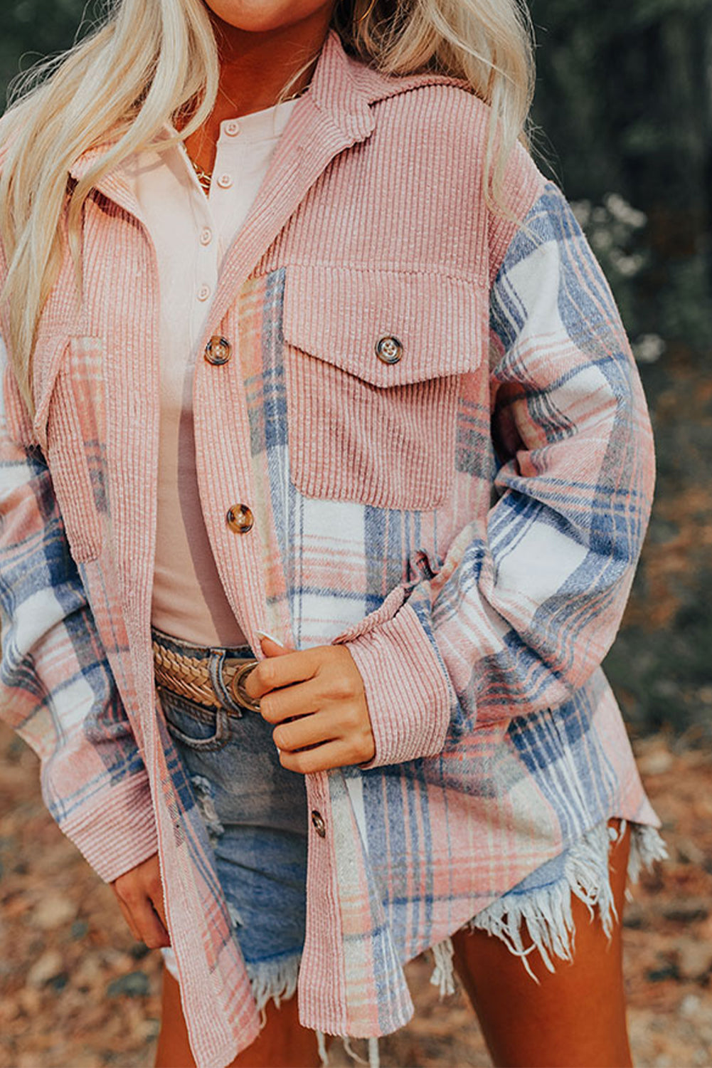 Light Pink Plaid Corduroy Patchwork Pocket Shacket