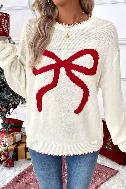 White Christmas Bow Contrast Trim Loose Knit Sweater
